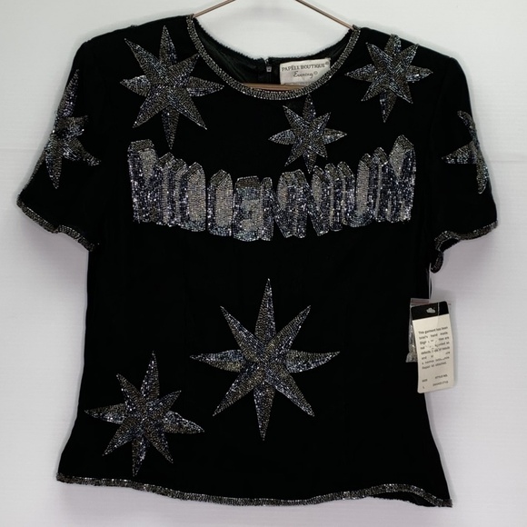 Beaded Shirt Large Black Sequin Beaded Millennium Star Y2K Top NWT NOS - Picture 1 of 8